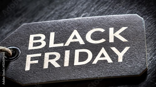 Black friday sales tag on dark surface for november shopping season