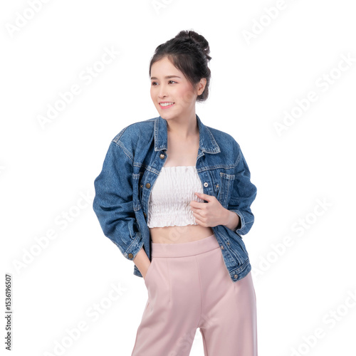 young Asian woman in a trendy blue crop denim jacket, white tube top, and chic pink high-waisted pants, smiling confidently ,isolated on a transparent background, radiating modern casual fashion