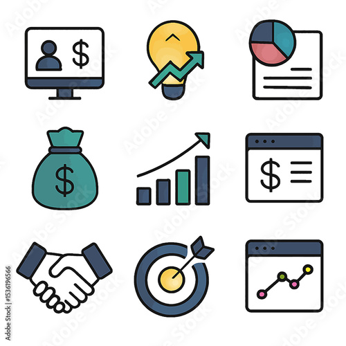 Business icons depicting growth, finance, and strategy.