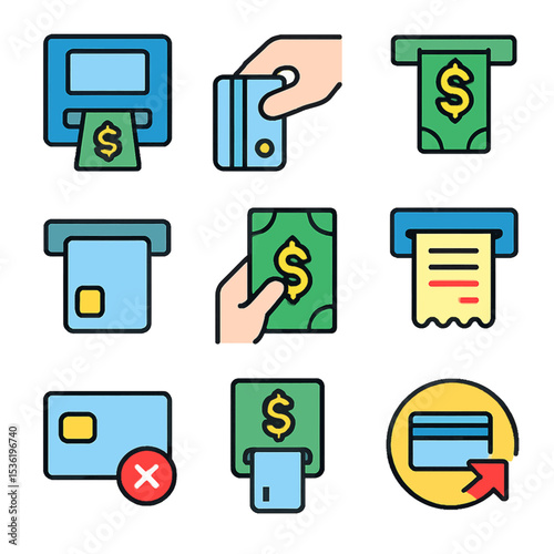 ATM machine icons depicting various transaction methods, including card insertion, cash dispensing, and receipt printing.
