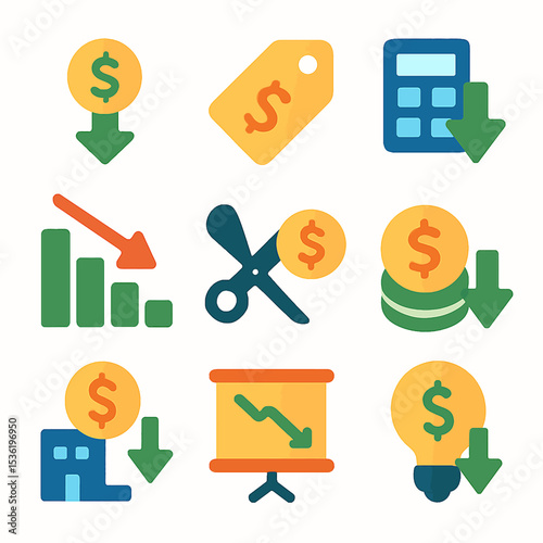 Nine colorful icons illustrate financial decline, showing decreasing profits, price cuts, and budget reductions.