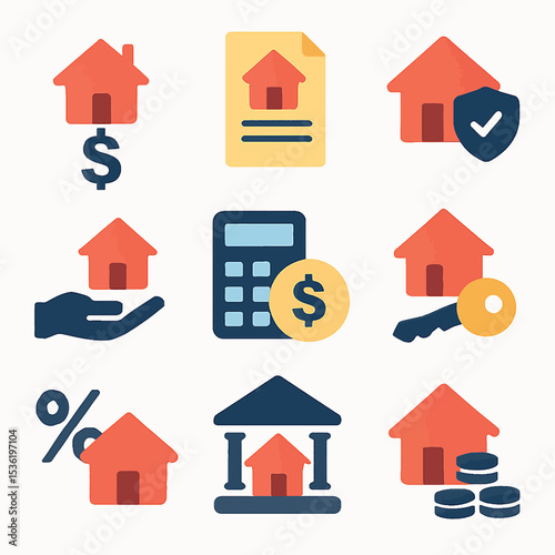 Collection of colorful, flat-style icons depicting real estate themes and financial concepts.