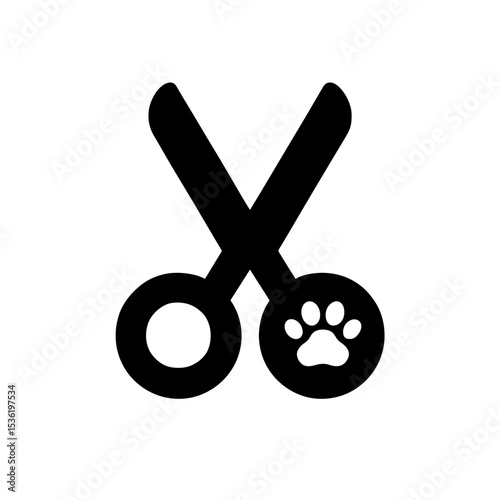 Scissors with paw print – represents pet grooming or trimming, solid icon