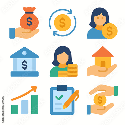 A collection of flat design icons representing various financial concepts, including money, banking, and personal finance.