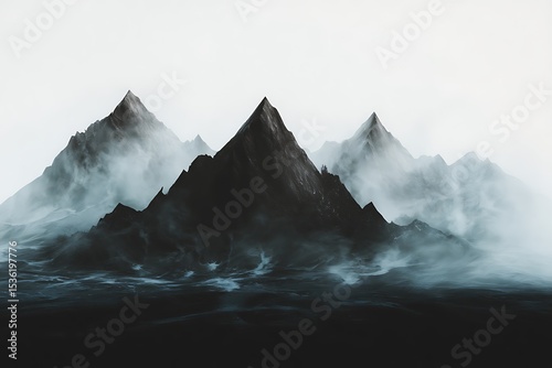 Moody mountains shrouded in ethereal mist