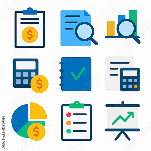 Financial analysis icons: budget, reports, charts, and calculations.