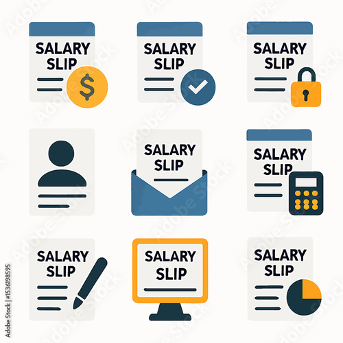 A set of nine salary slip icons, each depicting different aspects like payment, security, and online access.