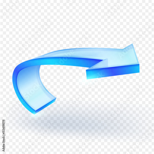 Transparent 3D glass blue arrow curves from left to right, indicating direction, return, or refresh. Ideal for user interfaces, web design, and conceptual diagrams. Vector Illustration.