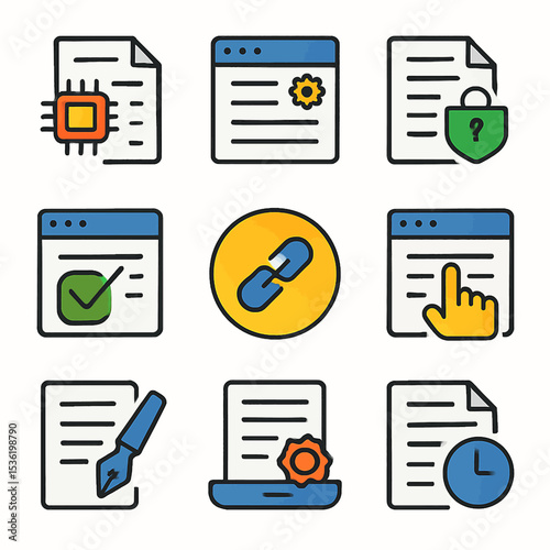 A set of nine document and webpage icons with various symbols representing security, settings, and links.
