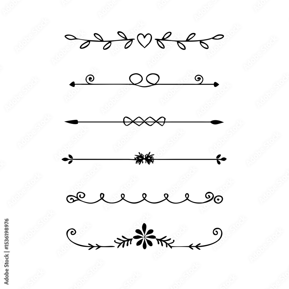 Obraz premium Text dividers with hearts doodle set. Wedding decorative elements. Divider ornament, borders, lines. Hand drawn vector illustration isolated on white background 