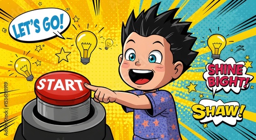 Excited Boy Pressing Start Button Let's Go! Shine Bright!