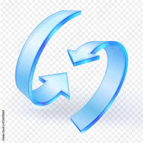 Two blue glass arrows forming a continuous loop 3d icon , symbolizing recycling, refresh, update, or circular processes. Isolated on  transparent background. Vector illustration.