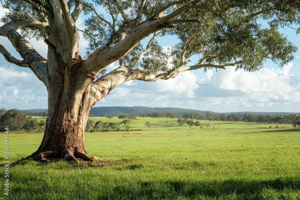 Fototapeta premium Old eucalyptus tree stands majestically in a lush green field in rural Australia under a bright sky, Old eucalyptus tree on greenfield in rural Australia