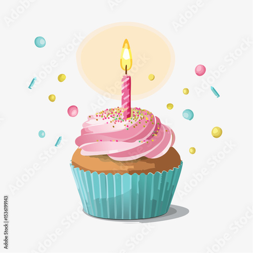 Cute birthday cupcake with candle and pastel details, great for invites, banners, or printable greeting cards