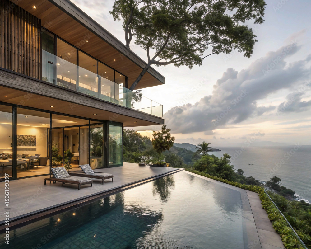 Fototapeta premium Breathtaking coastal property with a sleek infinity pool and modern architecture, bathed in warm sunset light.
