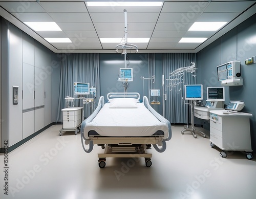 A minimalist ICU room with metal-frame bed, wall-mounted monitoring systems, sterile white floors, and ceiling-mounted equipment