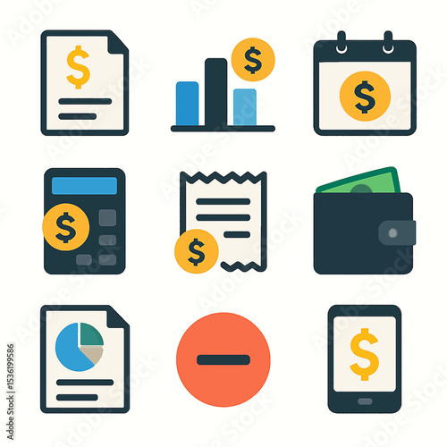 A collection of financial icons illustrating various aspects of money and transactions.