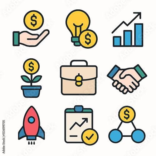 Collection of colorful business and financial icons, representing various concepts.