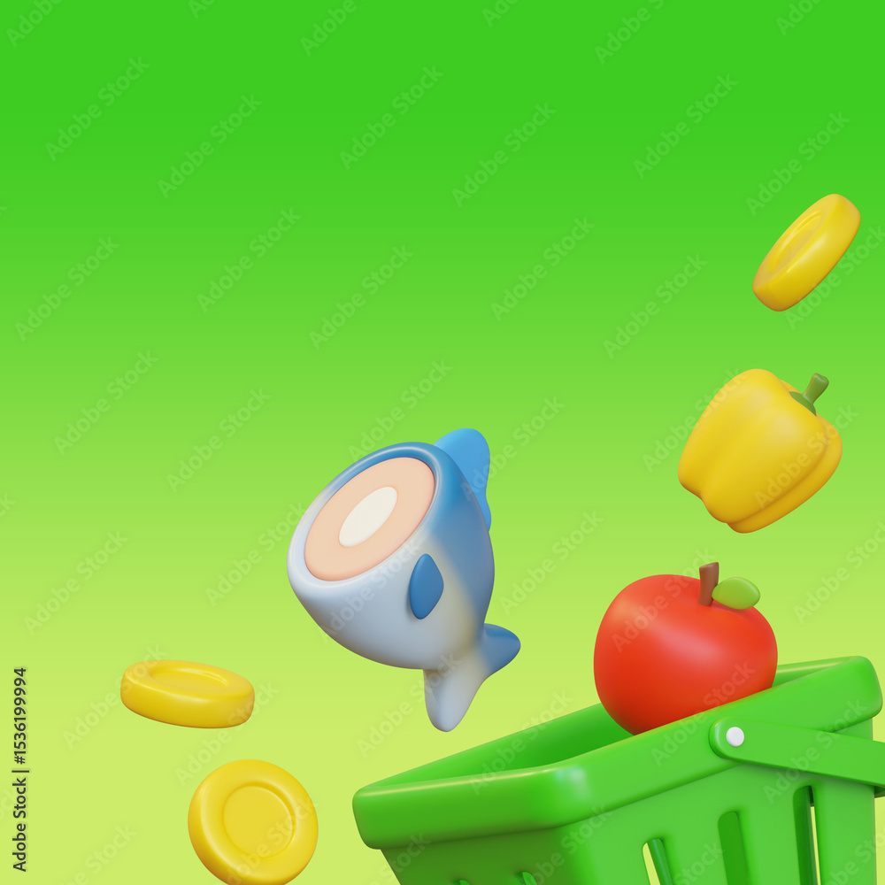 Shopping basket with food and money Shopping basket with food and money