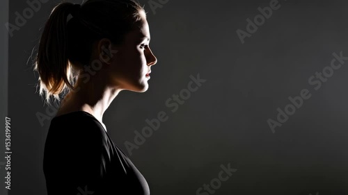 Profile portrait of a woman with a ponytail, featuring dramatic lighting and a blank background, showcasing silhouette and form.