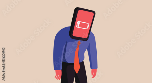 Man with a smartphone head displays a red low battery icon, empty battery concept of burnout, exhaustion, digital fatigue, tech overload and mental depletion, flat vector illustration