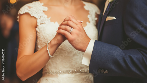 Bride and groom holding hands during their wedding, showing rings and love, dressed in elegant gown and navy suit.