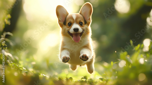 Adorable Corgi puppy joyfully jumping through a sunlit forest, radiating happiness, energy, and playful charm.