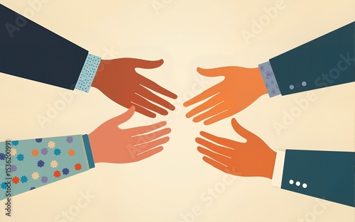 Helping hands reaching towards each other, linear mutual support, assistance, community aid concept. High quality