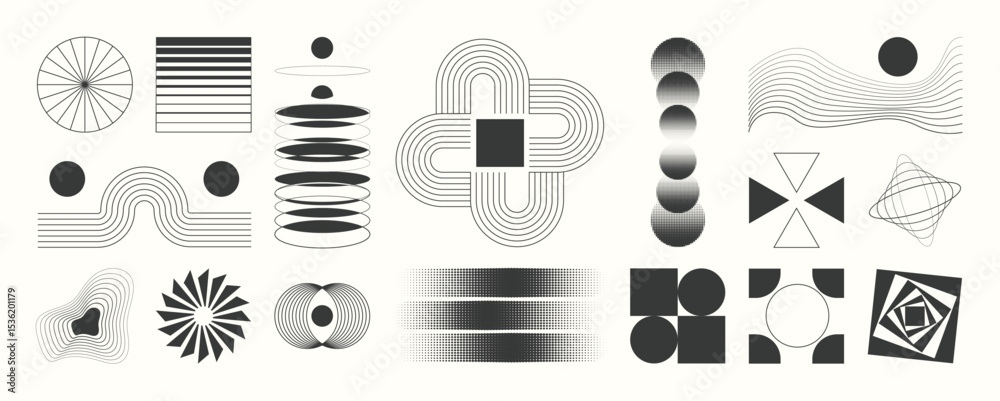 Abstract minimal element mid century vector set. Aesthetic contemporary stripe line art, geometric shape in monochrome. Art form design for wall art, decoration, wallpaper. 