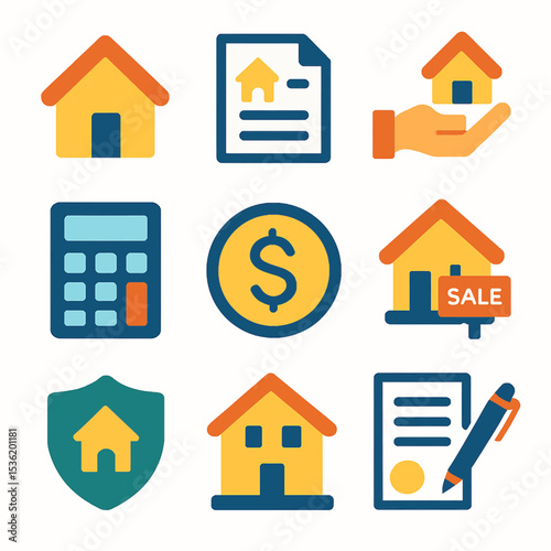 Collection of colorful real estate icons representing various related concepts and symbols.