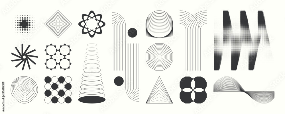 Abstract minimal element mid century vector set. Aesthetic contemporary stripe line art, geometric shape in monochrome. Art form design for wall art, decoration, wallpaper. 