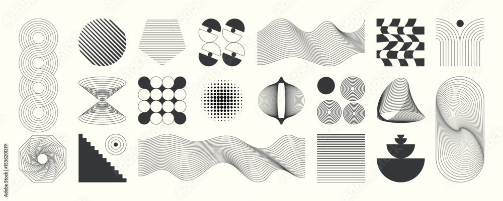 Abstract minimal element mid century vector set. Aesthetic contemporary stripe line art, geometric shape in monochrome. Art form design for wall art, decoration, wallpaper. 