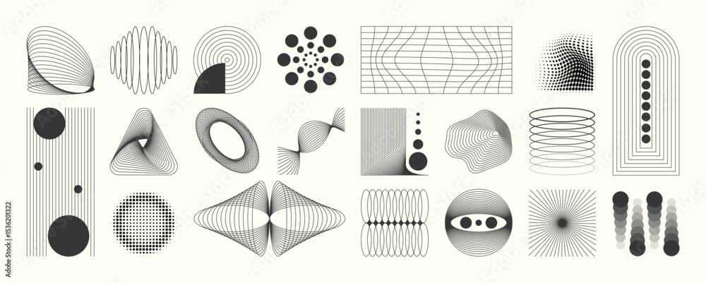 Abstract minimal element mid century vector set. Aesthetic contemporary stripe line art, geometric shape in monochrome. Art form design for wall art, decoration, wallpaper. 