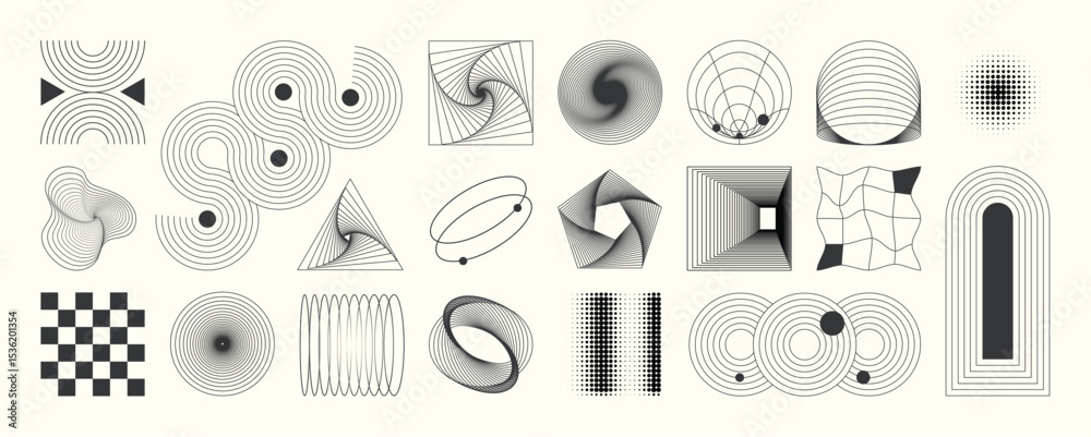 Abstract minimal element mid century vector set. Aesthetic contemporary stripe line art, geometric shape in monochrome. Art form design for wall art, decoration, wallpaper. 