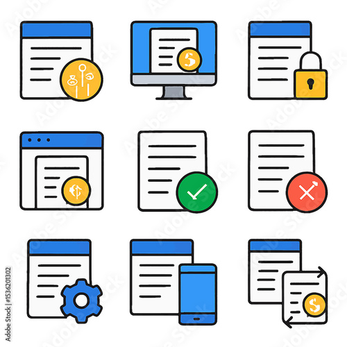 Various document icons with different symbols representing diverse concepts.