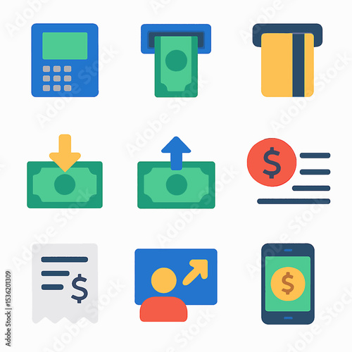Collection of colorful flat icons representing banking, finance, and transactions.