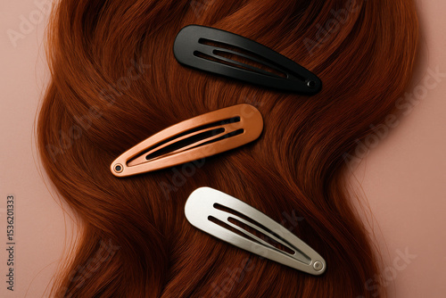 Set of minimalist metal hair clips in black, bronze, and silver resting on smooth, flowing auburn hair against a neutral background