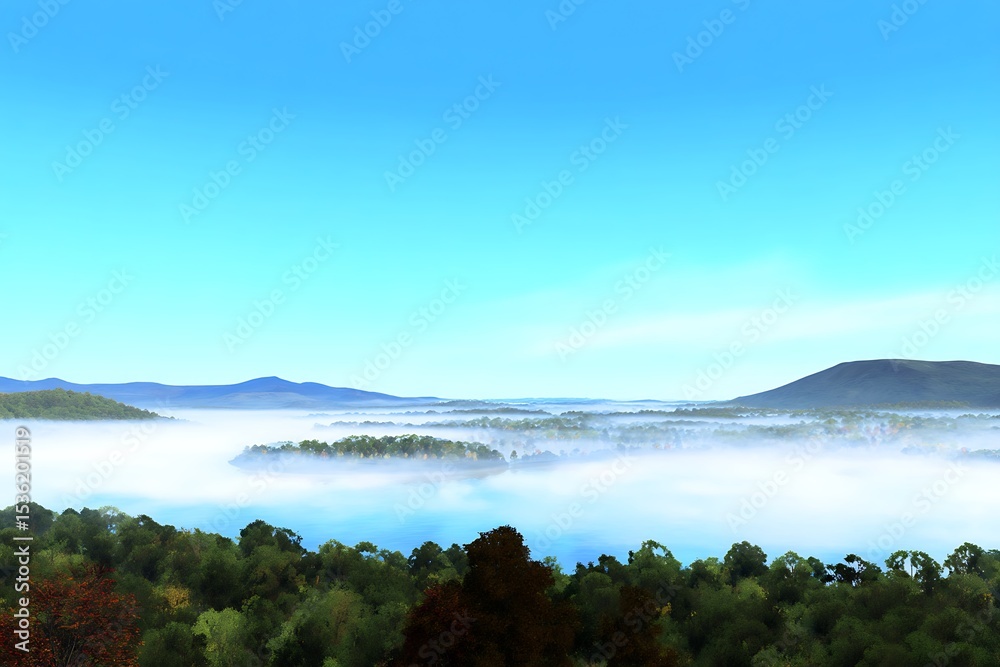 Fototapeta premium Misty lake view with forested hills