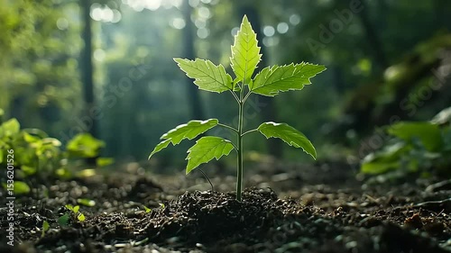 Young sapling emerging from rich soil in a serene forest, sunlight filtering through trees