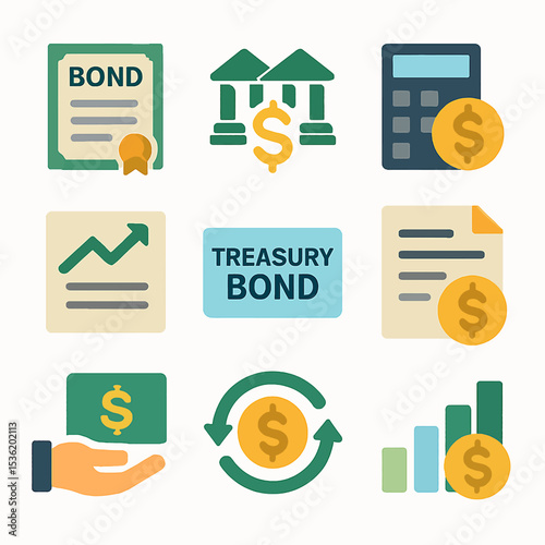 Financial icons illustrating bonds, investments, banking, and financial growth.