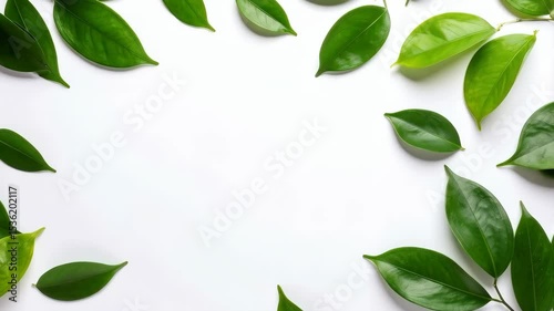 Elegant light green leaves framing white space, overhead shot, lush foliage, modern natural frame, fresh greenery, minimalist backdrop, flat lay composition