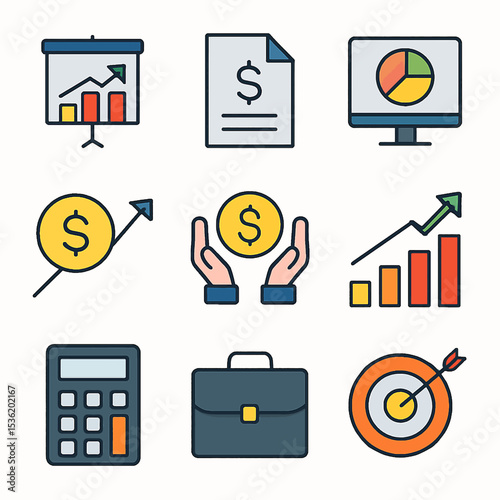 Colorful icons depicting financial growth, investment, and business success metrics.