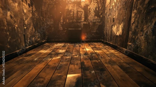 Dark, dimly lit room with aged wooden floor and decaying walls.  A single light source illuminates the center