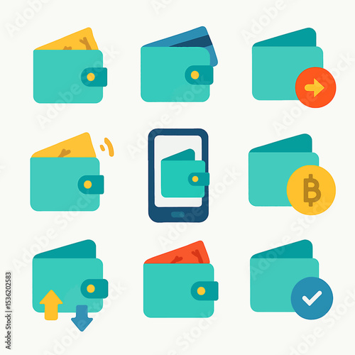 Collection of wallet icons showcasing financial transactions, digital money, and mobile banking concepts.
