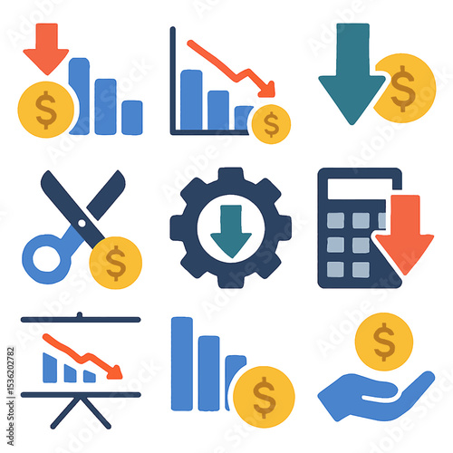 A collection of financial downturn icons, including graphs, coins, and tools.