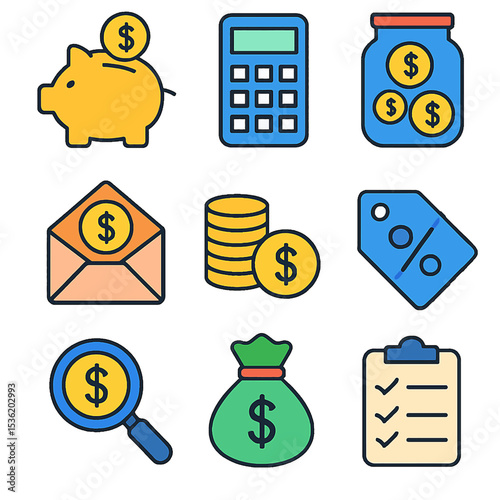 Financial planning icons: savings, budgeting, and investment symbols.