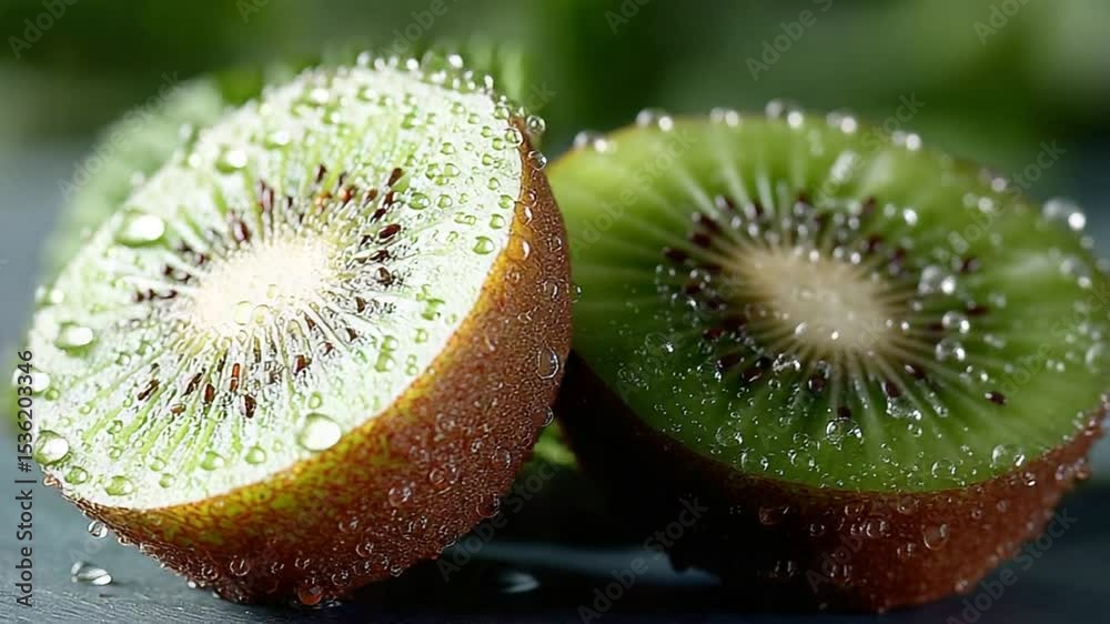 Macro shot of fresh kiwi fruit slices with water droplets for healthy eating concept