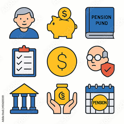 Illustrative icons depicting financial planning, savings, and retirement concepts.