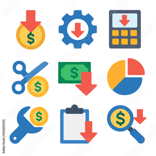 A collection of financial icons depicting cost reduction and economic decline.