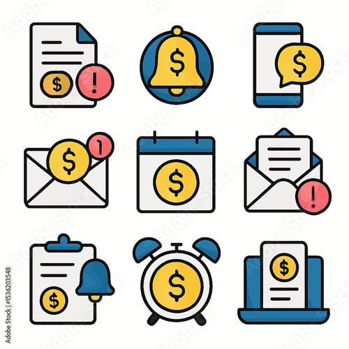 Collection of financial notification icons, including document, bell, phone, email, calendar, clipboard, clock, and laptop.